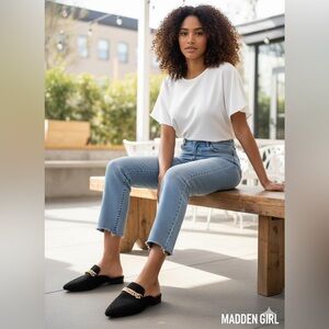 Madden Girl G Batta Black Mules With Gold Chain Detail